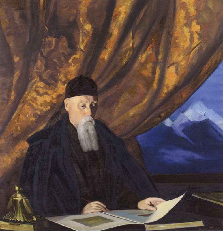 Portrait of N.K. Roerich (Portrait of Professor Nicholas Roerich Reading a Book against the Background of the Golden Curtain) by Svetoslav Roerich. 1938